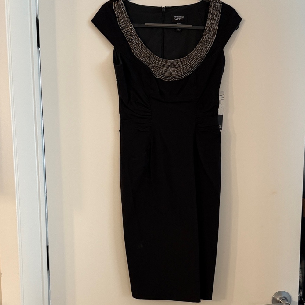 Adrianna Papell Black Midi Dress with Silver Beaded Neckline